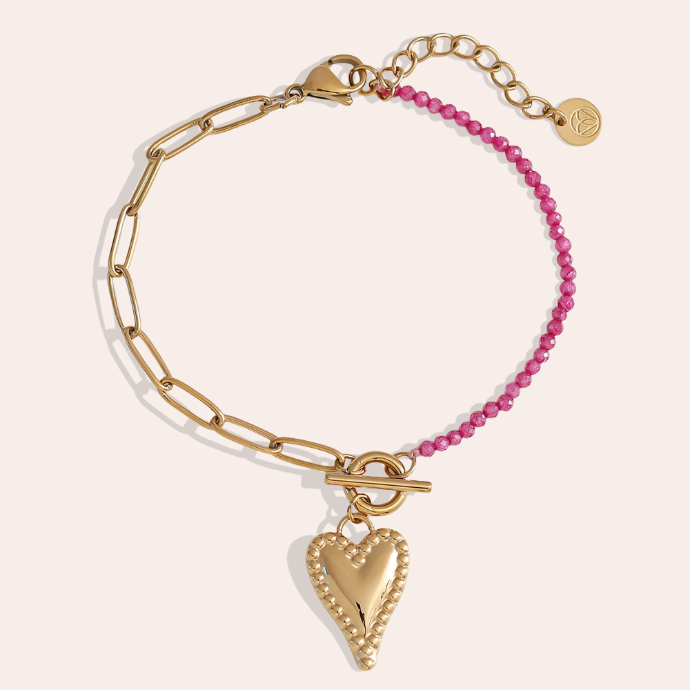 16cm coloured beads heart stainless steel bracelet