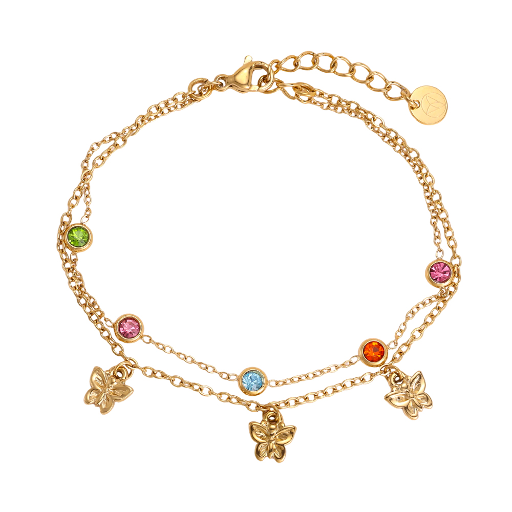 Stainless steel bracelet, 17cm, featuring a butterfly with colourful cubic zirconia