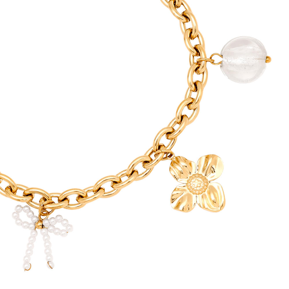 17cm flower, bow and pearl pendant stainless steel bracelet