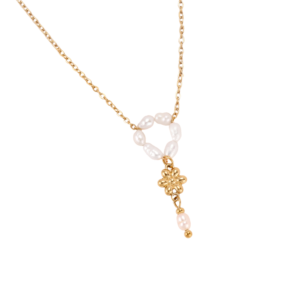 Stainless steel necklace, 42cm, with a beaded ring and a gold flower