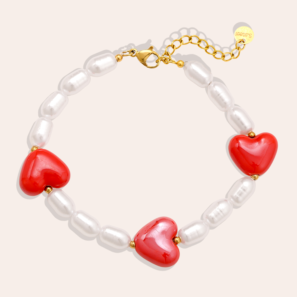 18cm Big Red Heart In Pearl Chain stainless steel bracelet     