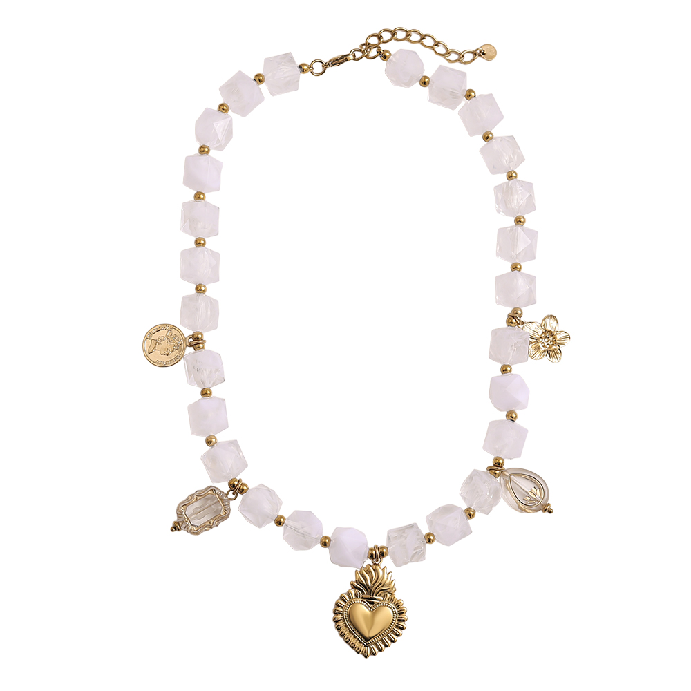 45cm chain with small acrylic cubes and golden flower, heart stainless steel necklace  