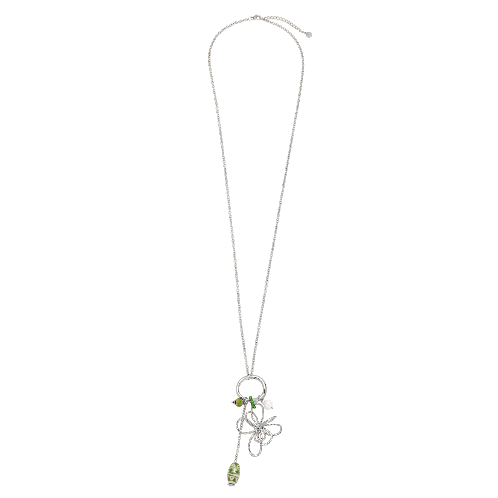 Stainless steel necklace, 79cm, with doodle flowers and green decorations