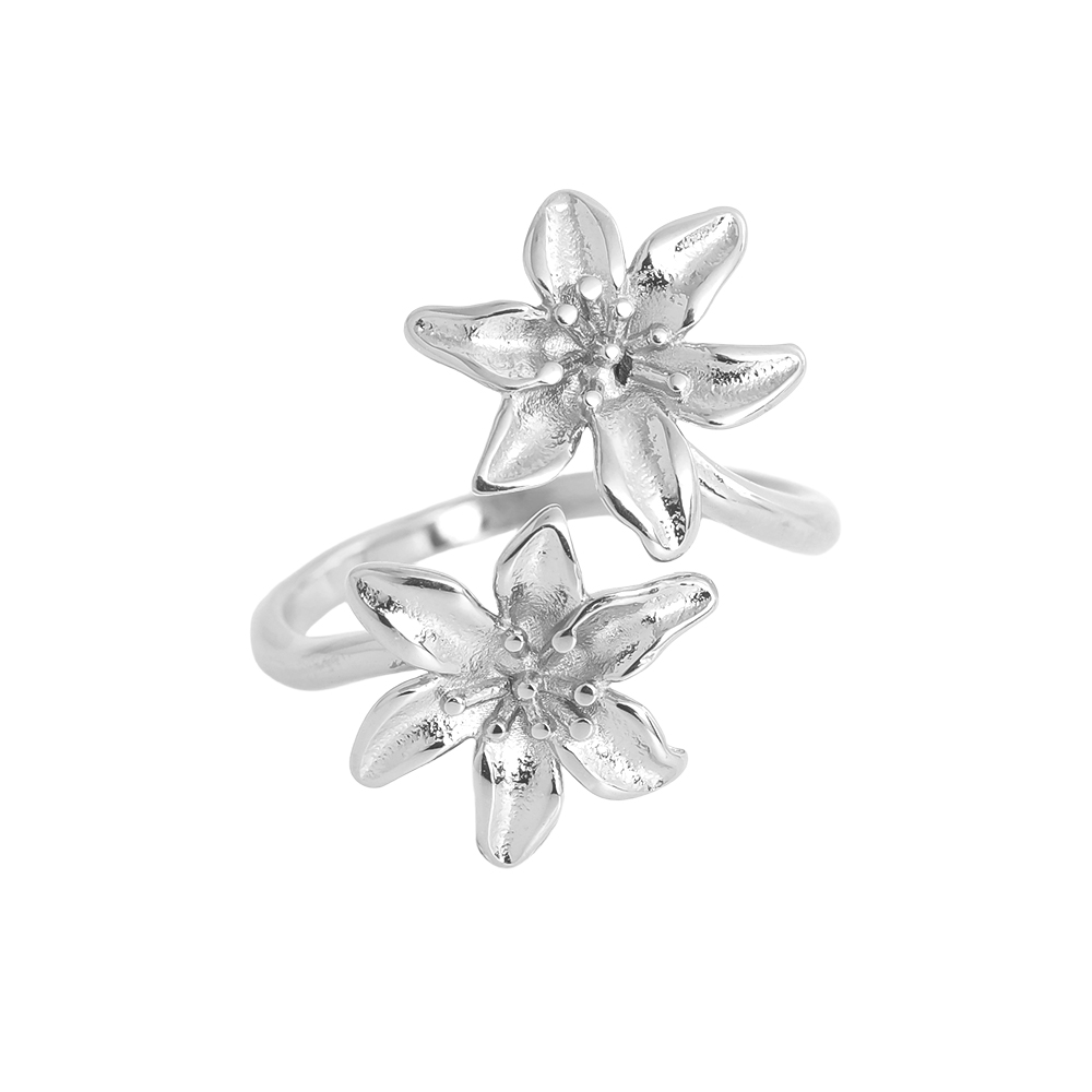 Adjustable open two flower stainless steel ring