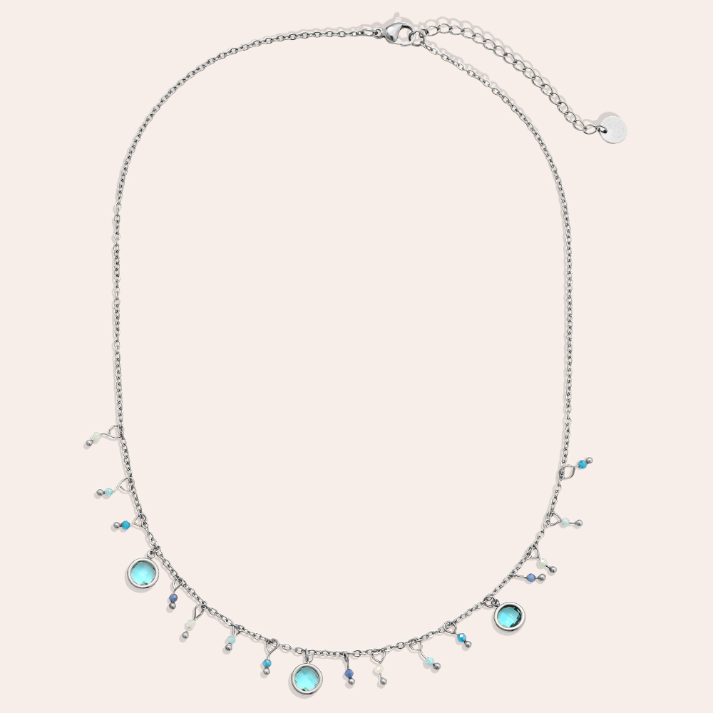 40cm blue glass beads and blue crystals stainless steel necklace  