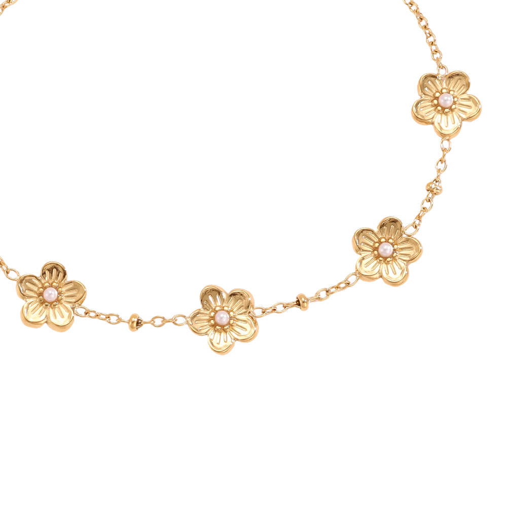 Stainless steel bracelet 17cm Five flowers with small faux pearls