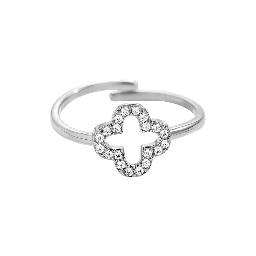 Adjustable zirconia cloverleaf stainless steel ring