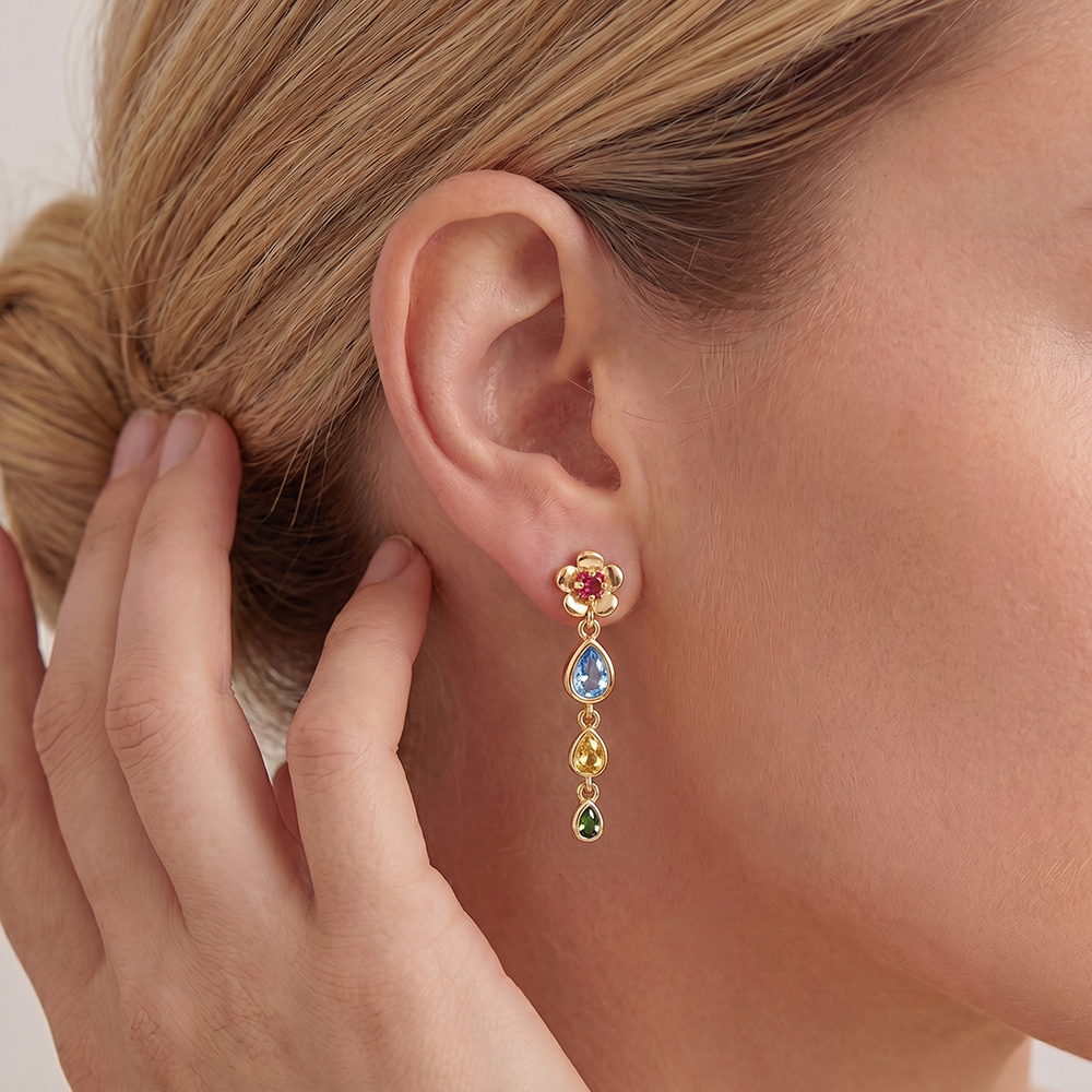30mm zirconia flowers and coloured drops gold-plated earrings   
