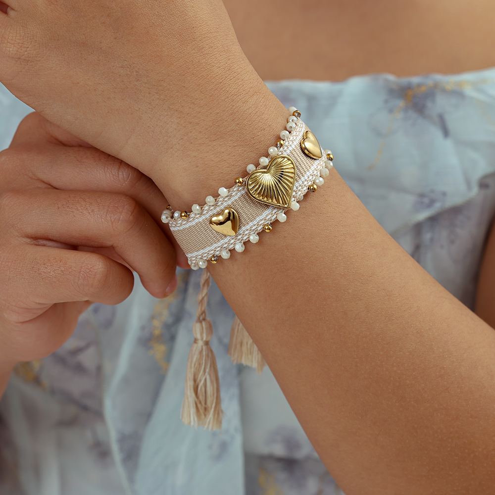 Heart on a polyester bag Stainless steel bracelet   