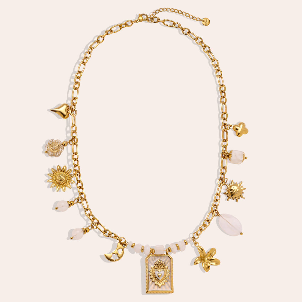 Stainless steel necklace 43cm frame with heart and flowers