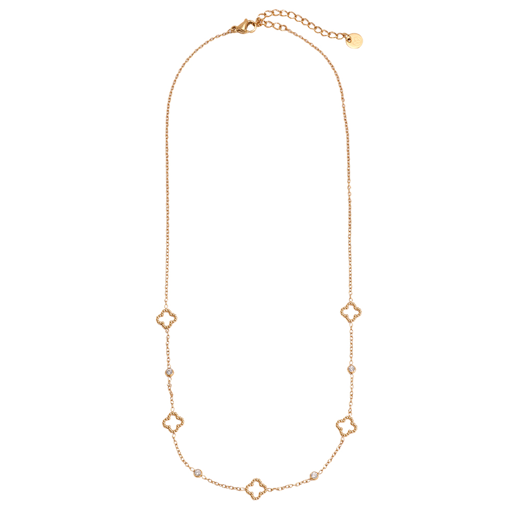 Stainless steel necklace, 39cm, small shamrock with mini cubic zirconia