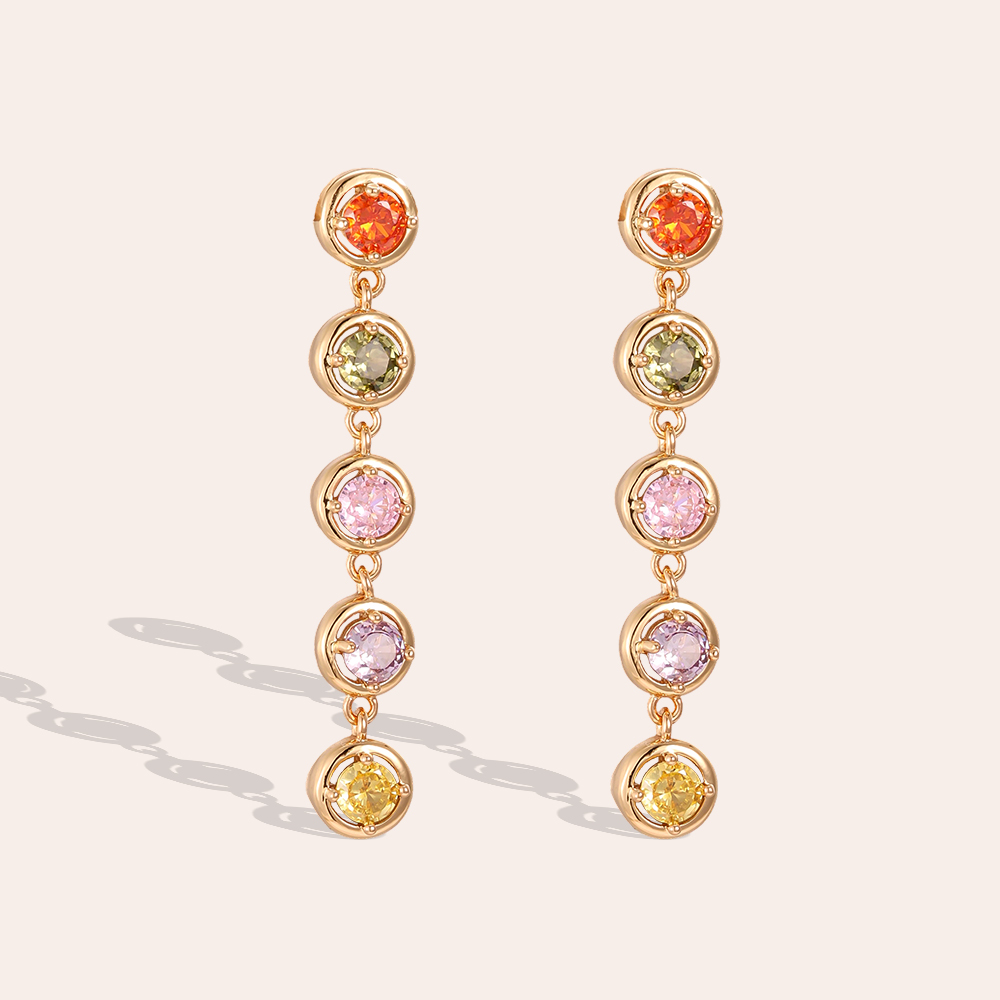Gold-plated earrings, 44mm, with lots of colourful cubic zirconia