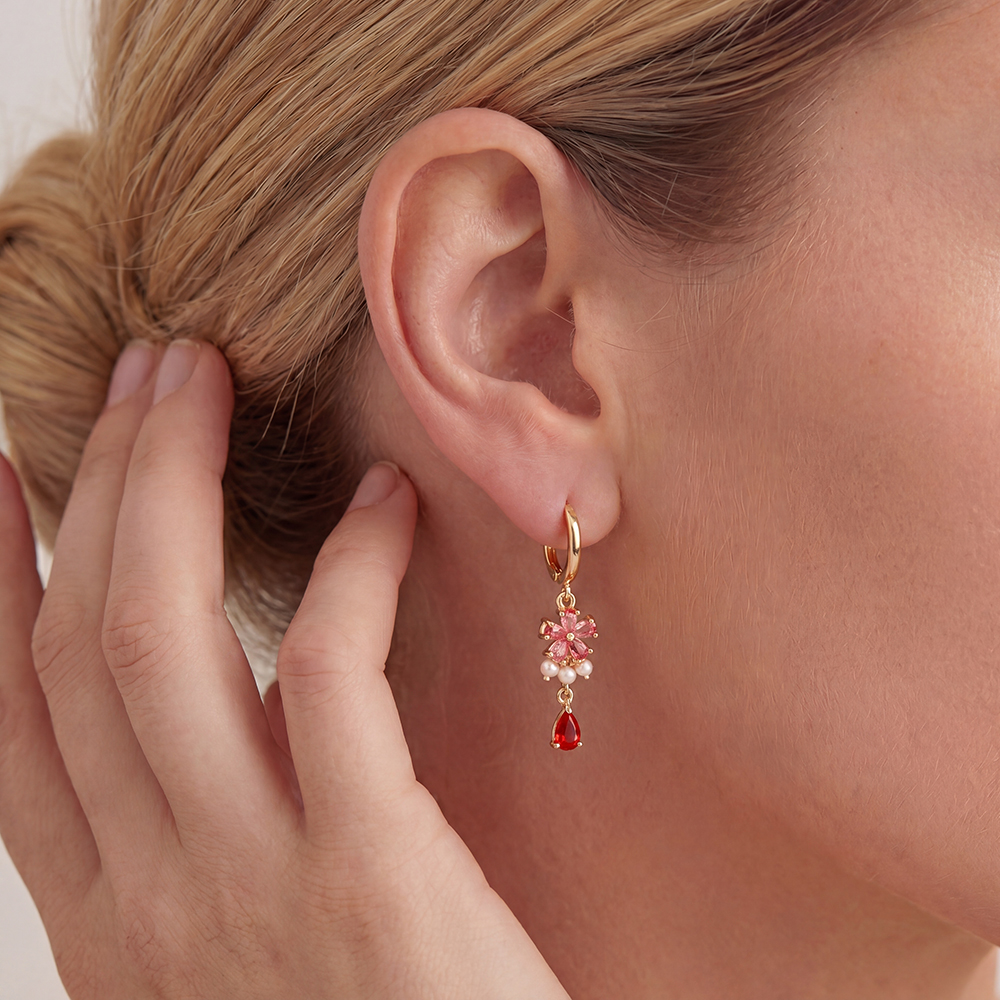 Gold-plated earrings 34mm coloured zirconia flower   