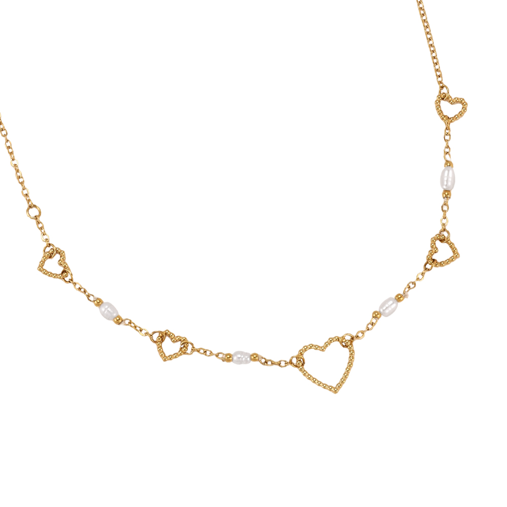 Stainless steel necklace, 42cm, with a pearl and a heart