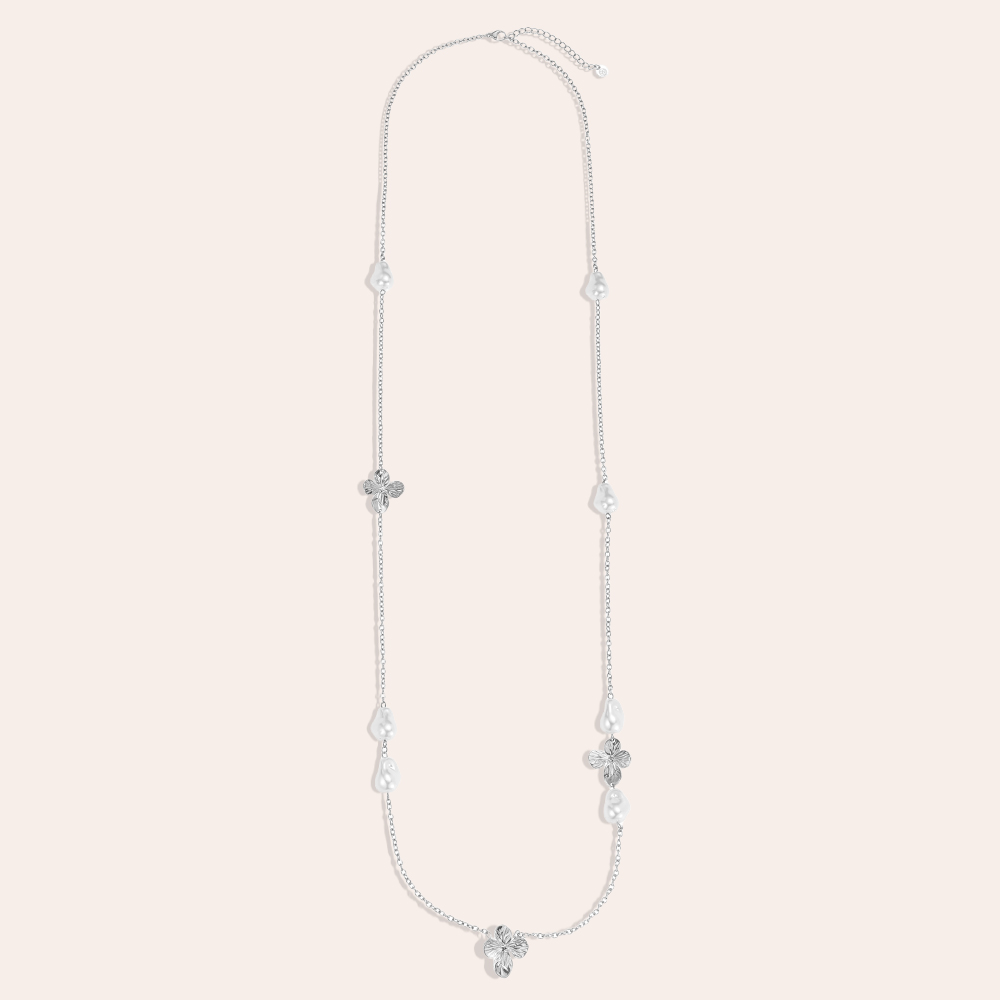 Stainless steel necklace 95cm flowers and pearls