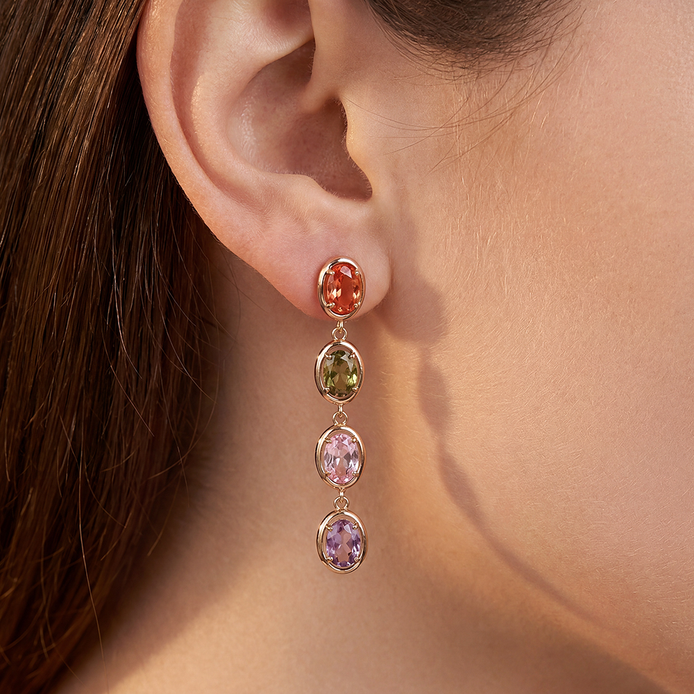 Gold-plated earrings, 48mm, featuring lots of colourful oval-cut cubic zirconia 