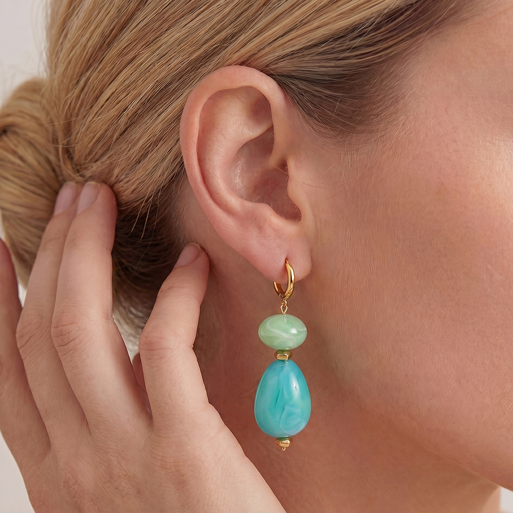Stainless steel earrings, 18×65 mm, resin, turquoise