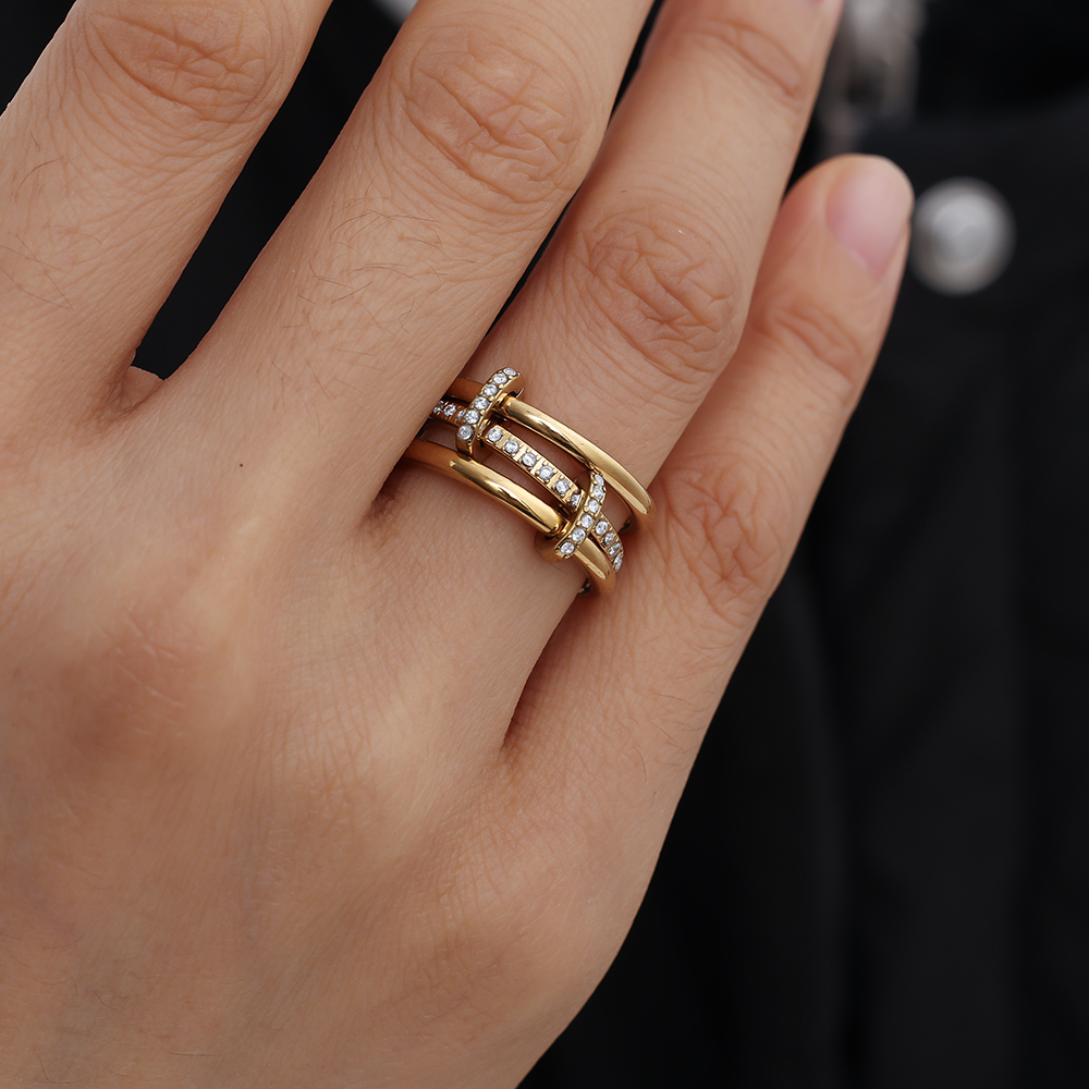 Three Layer Gold Ring Set With Lock Stainless Steel Ring    