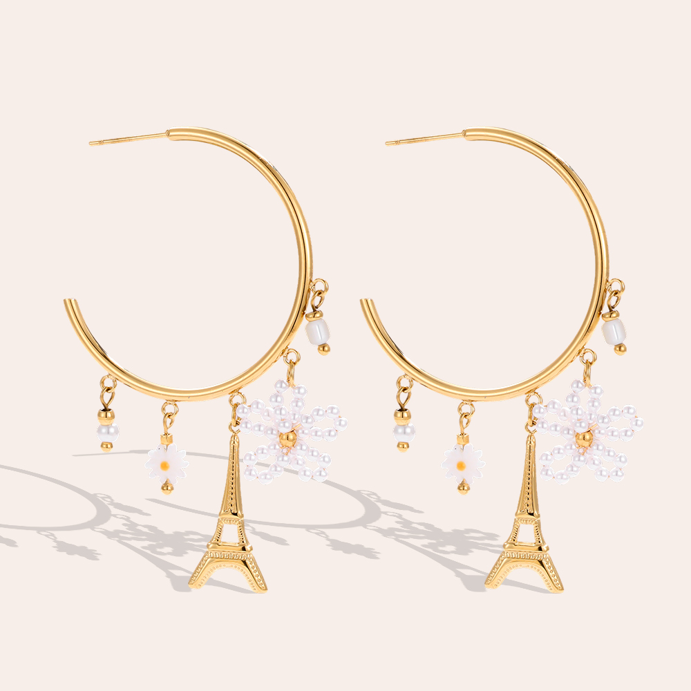 Stainless steel earrings 55mm white flowers and a tower
