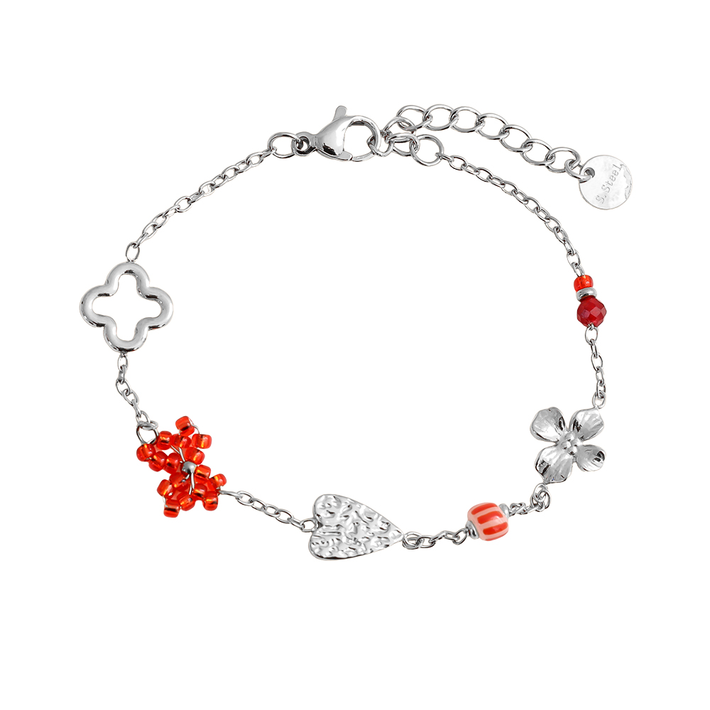 16cm heart, cloverleaf and flower beads stainless steel bracelet