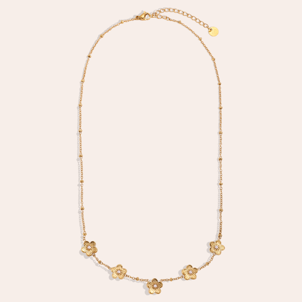 Stainless steel necklace 41cm Five flowers with small faux pearls