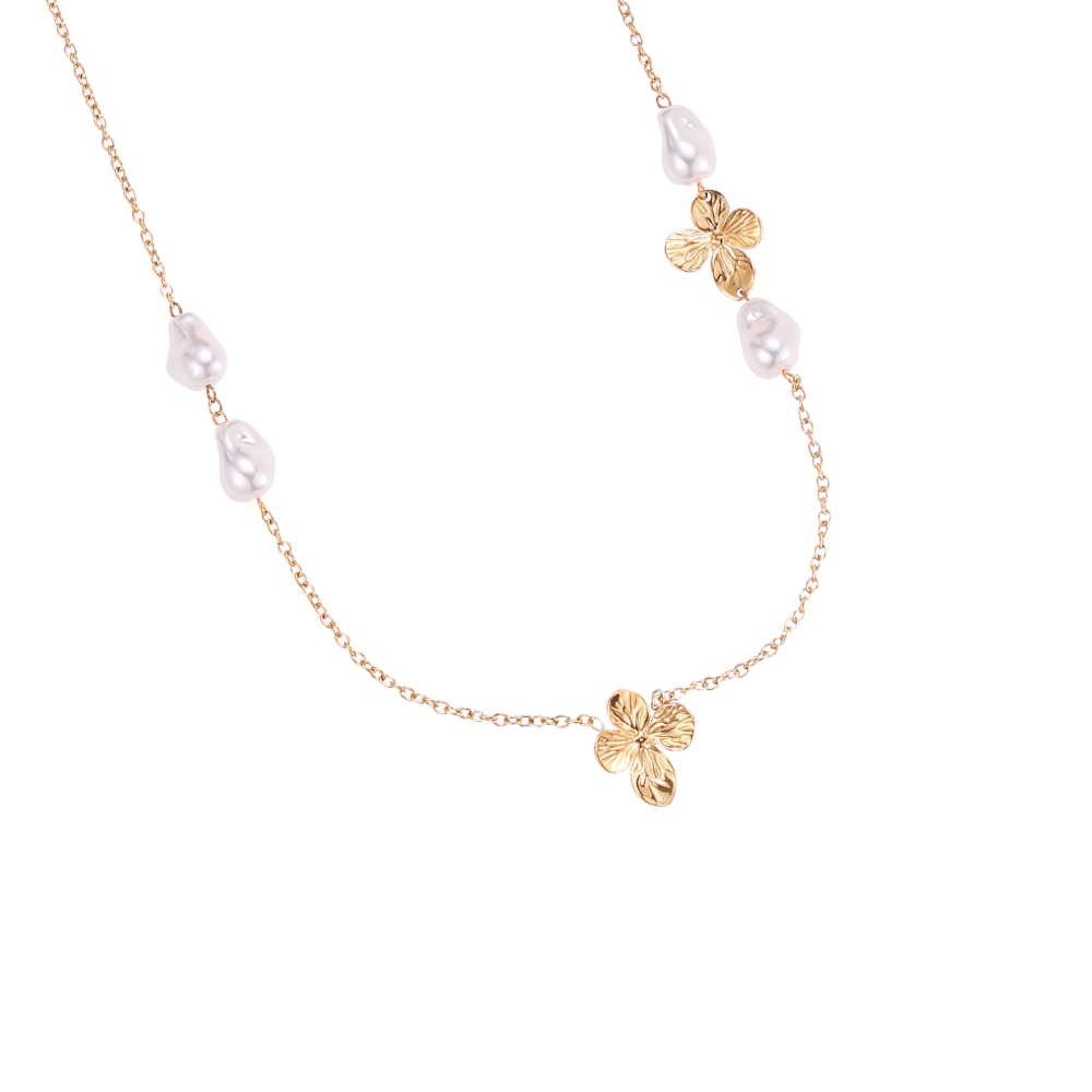 Stainless steel necklace 95cm flowers and pearls