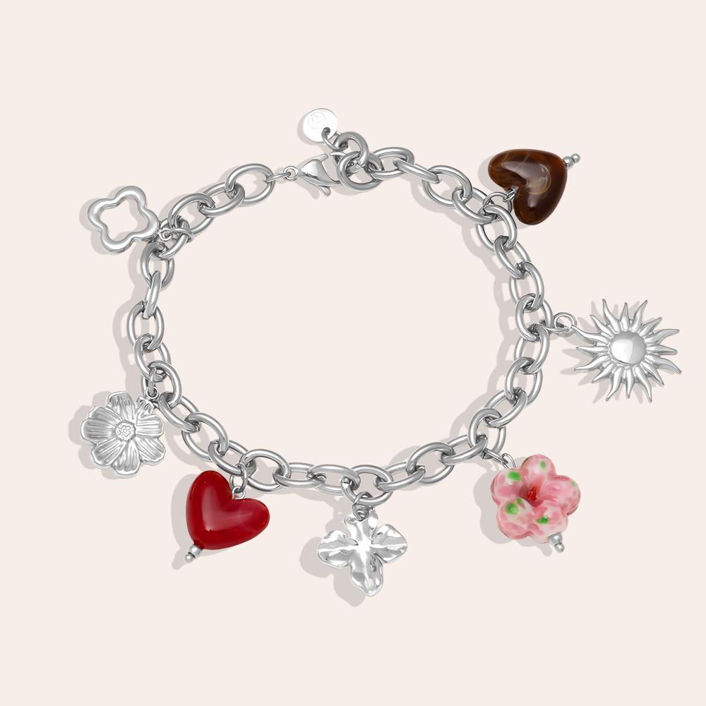 17cm acrylic heart flower beads stainless steel bracelet