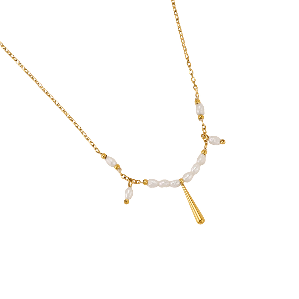 Stainless steel necklace, 42cm, with lots of small beads and a gold pin