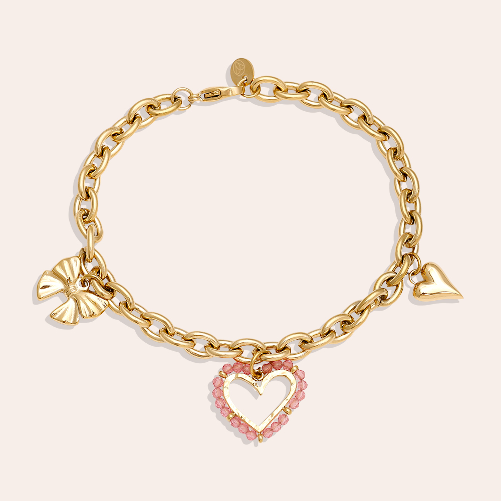 17cm Pink Heart And Charms stainless steel bracelet       