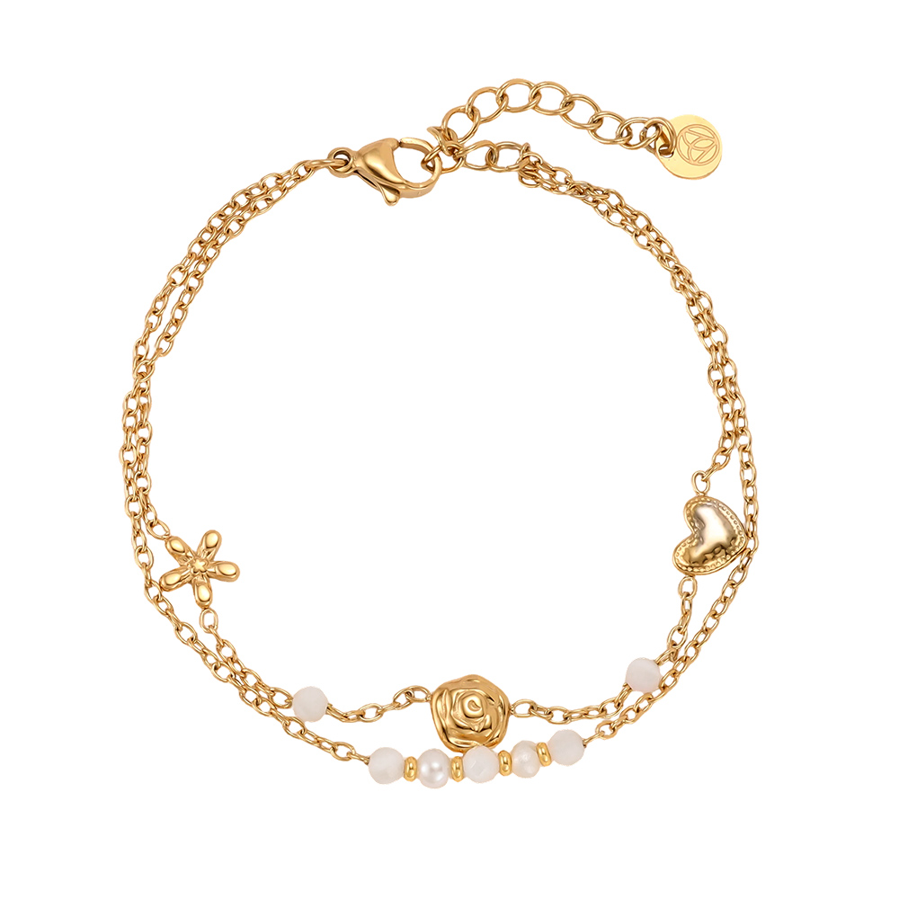 16.5cm flower rose heart beads double chain stainless steel bracelet
