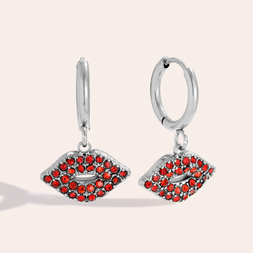 2.1cm Red Diamond Lip Stainless Steel Earrings     2.1cm Red Diamond Lip Stainless Steel Earrings