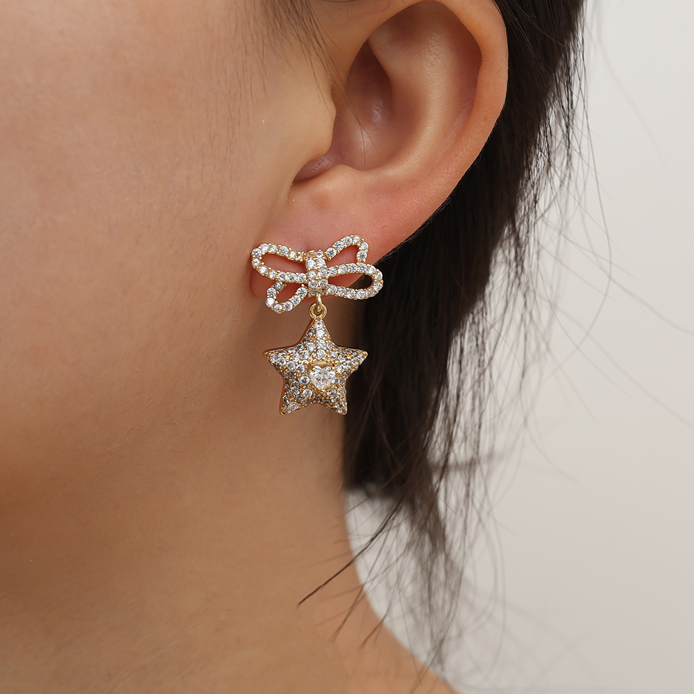26mm Shining Bowtie Star Diamond Gold Plated Earrings     