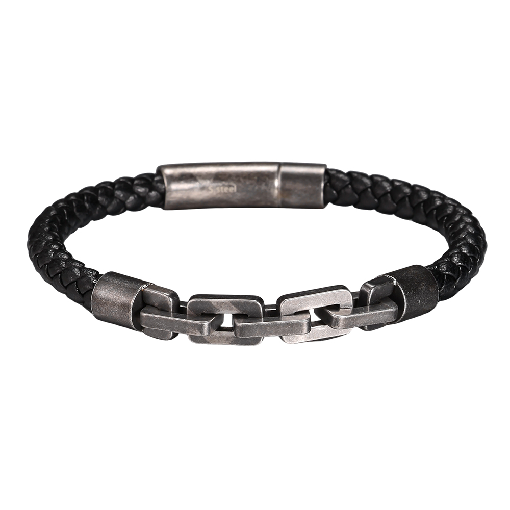  Stainless Steel Bracelet with PU Braids and Chain