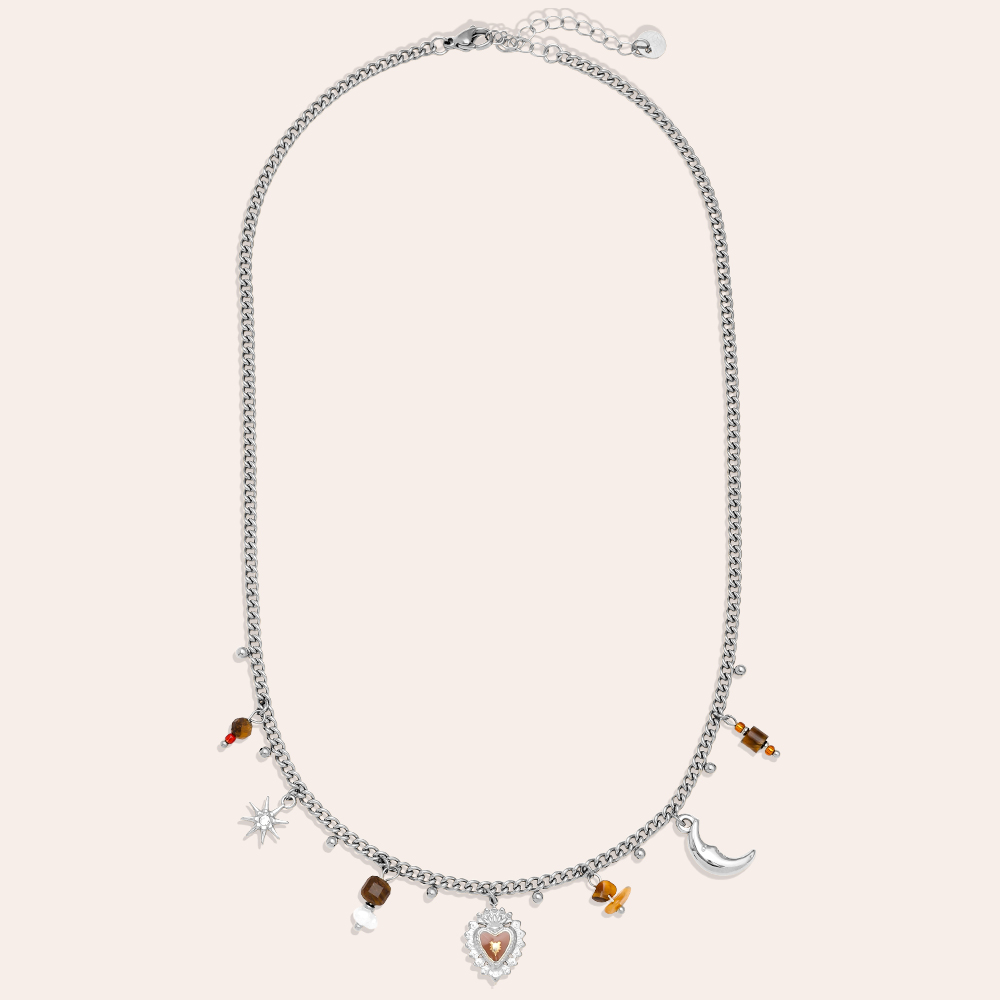 42cm Natural Stone And Charms Stainless Steel Necklace   