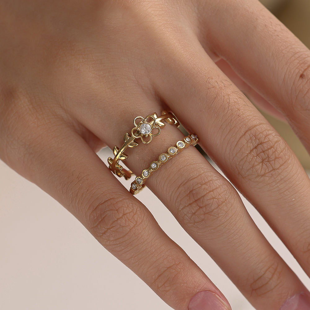 Adjustable double zirconia flower stainless steel ring 