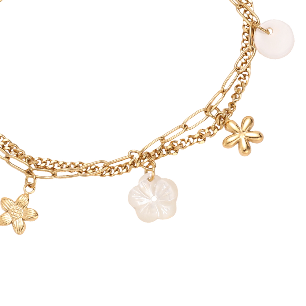 Stainless steel bracelet 17cm double row with flowers and pearls 