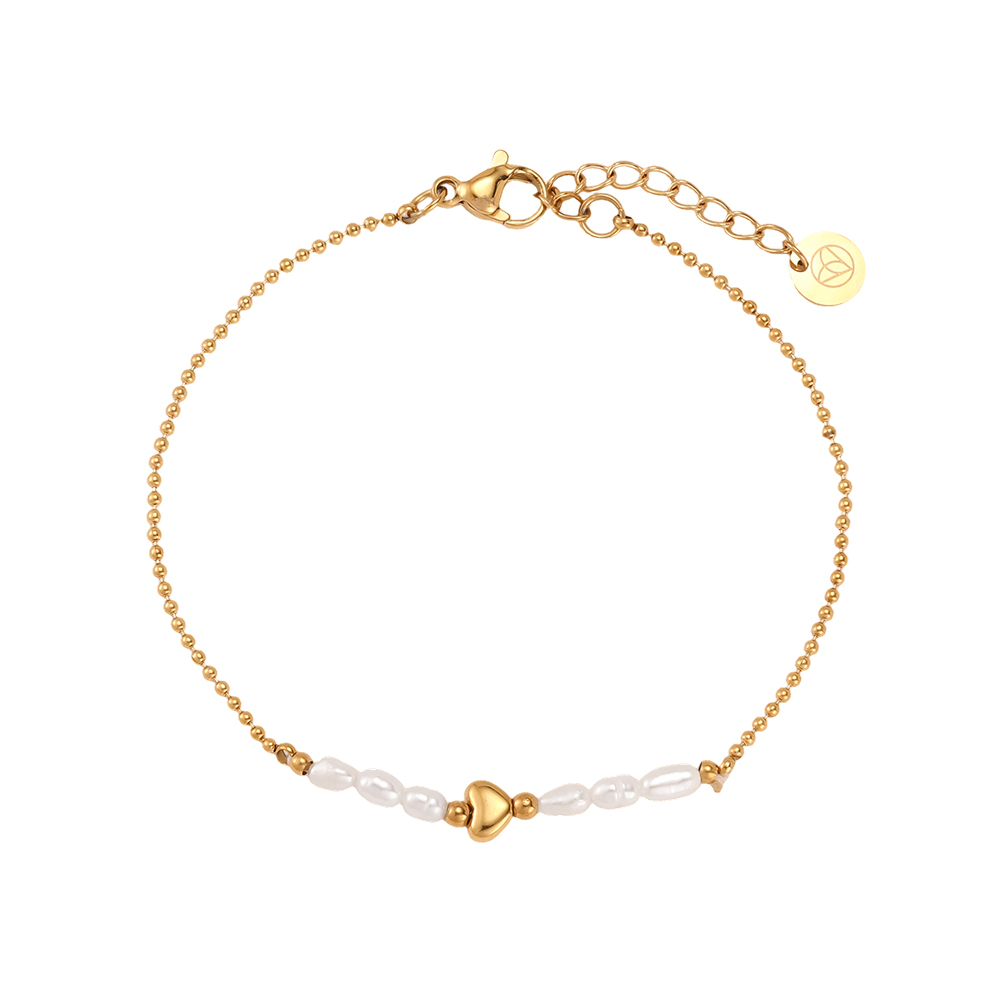 Stainless steel bracelet, 17cm, with a pearl and a mini heart 