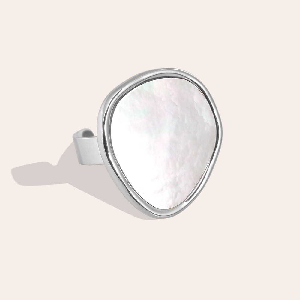 Adjustable one irregular mother-of-pearl plate stainless steel ring    