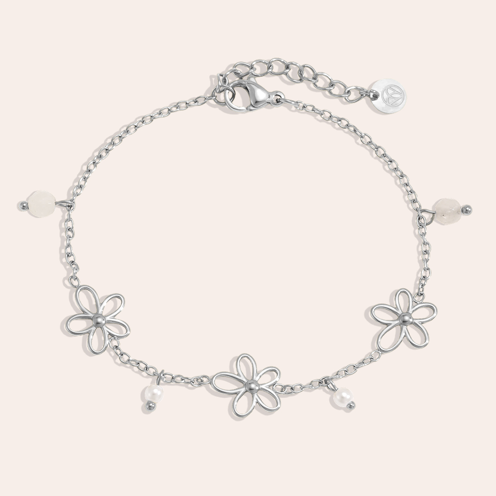 Stainless steel bracelet 17cm Simple flowers and beads