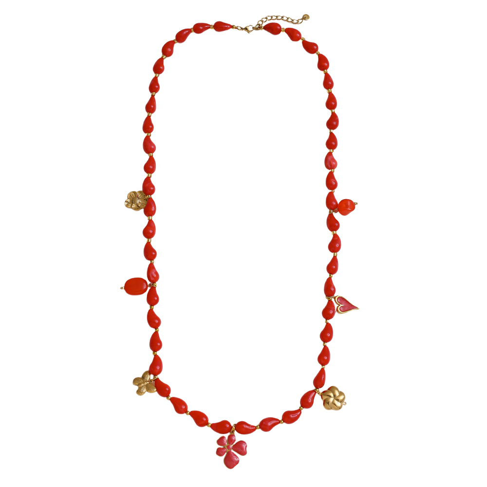 89cm necklace with resin drops and golden butterfly, flower, heart stainless steel necklace     