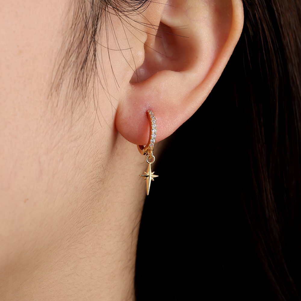 2.5cm Sharp Star Diamond Hoop Gold Plated Earrings    
