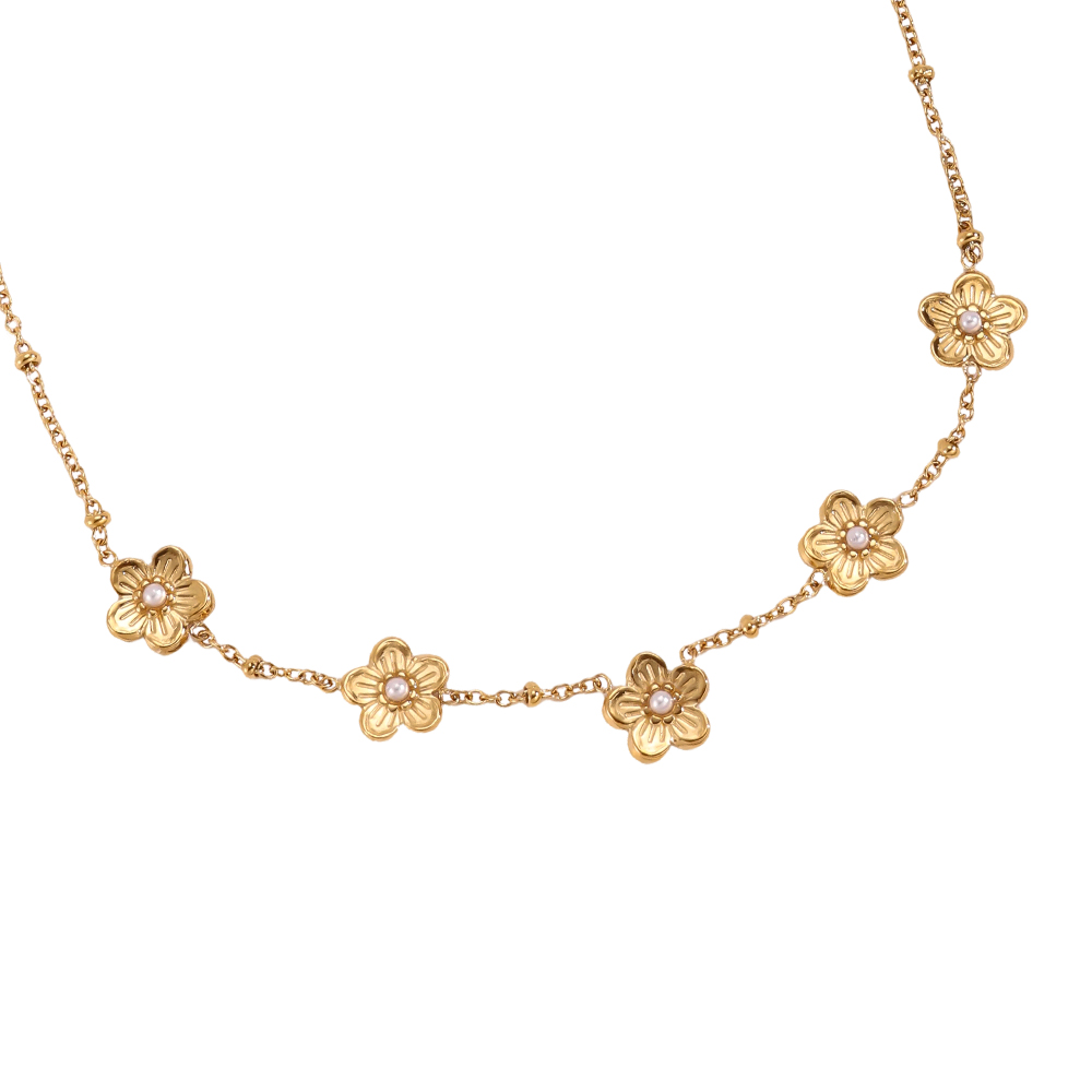 Stainless steel necklace 41cm Five flowers with small faux pearls