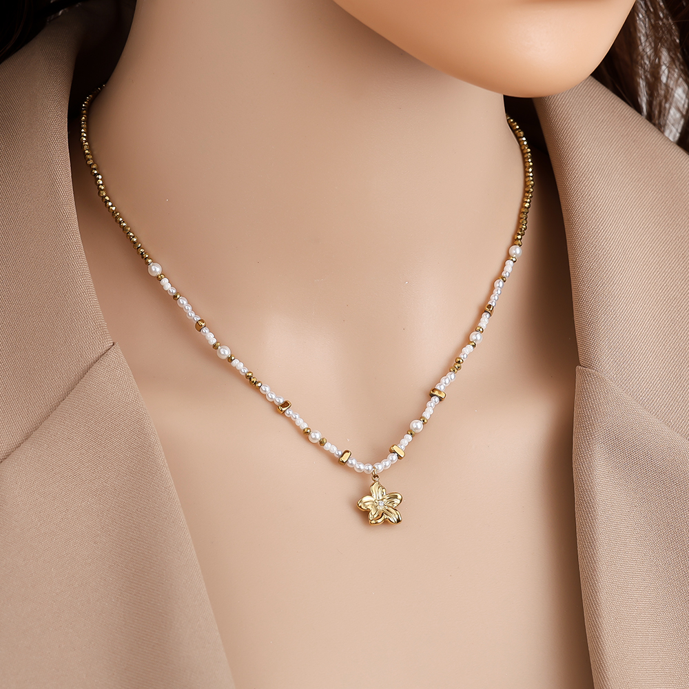 40cm Nice Flower And Pearl Stainless Steel Necklace  