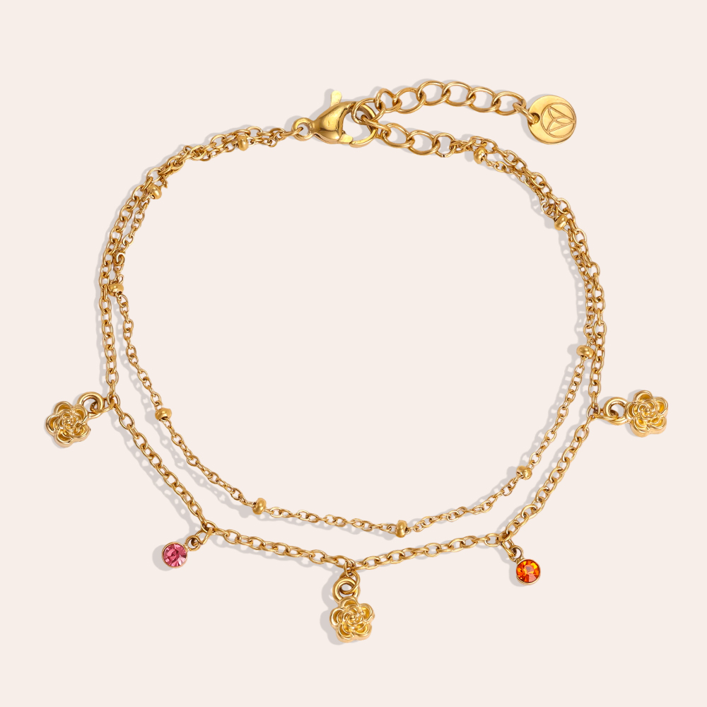 Stainless steel bracelet, 17cm, with a small flower and colourful cubic zirconia