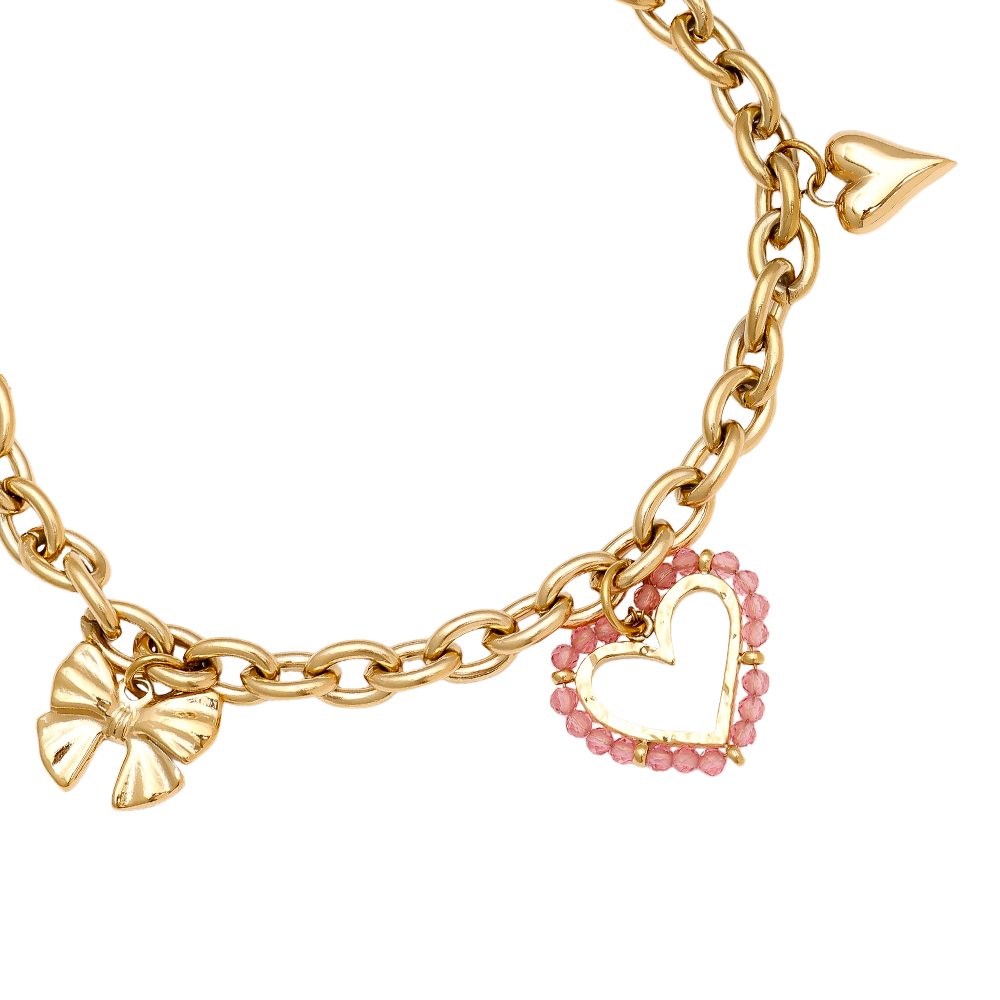 17cm Pink Heart And Charms stainless steel bracelet       