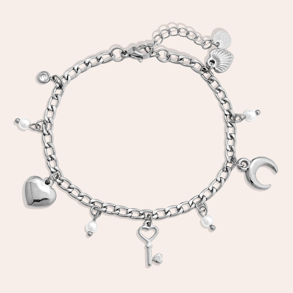17cm heart moon key and pearl stainless steel bracelet  