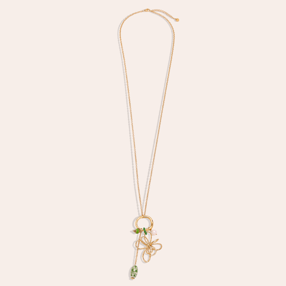 Stainless steel necklace, 79cm, with doodle flowers and green decorations