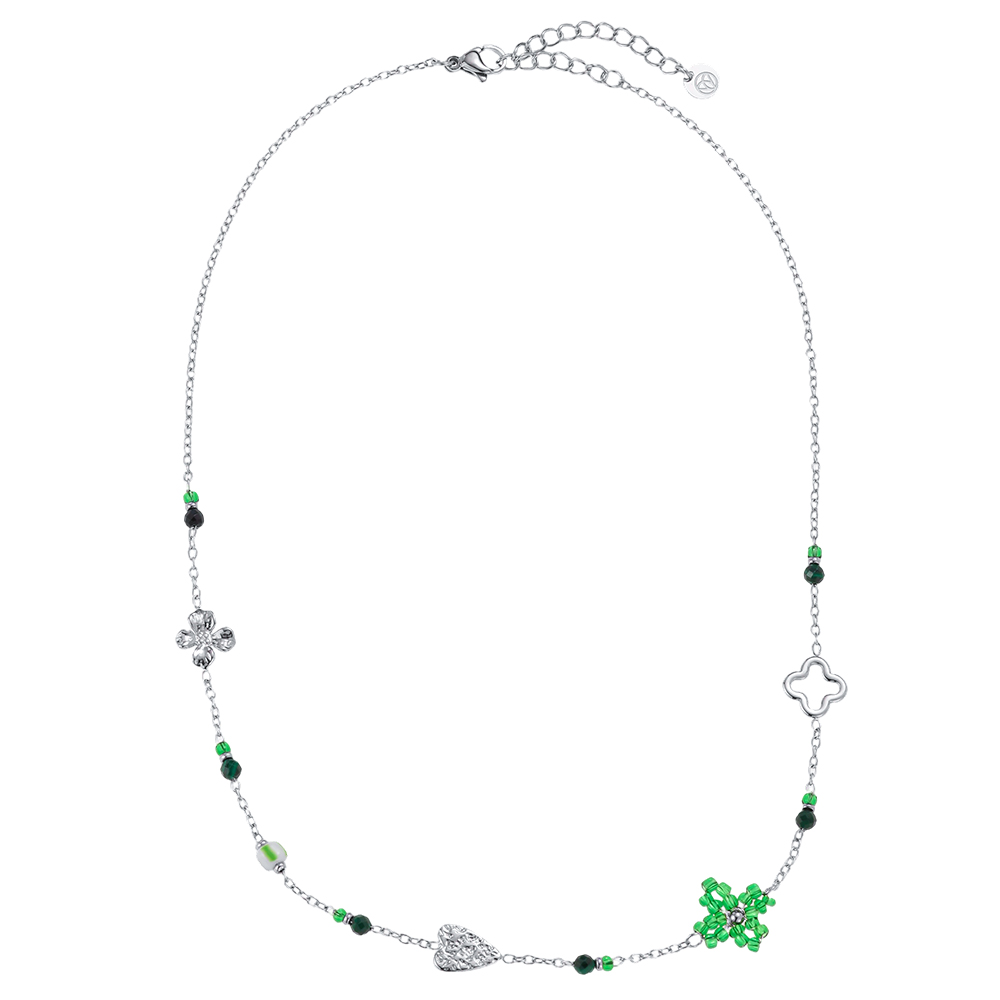 40cm flower heart and green beads stainless steel necklace  