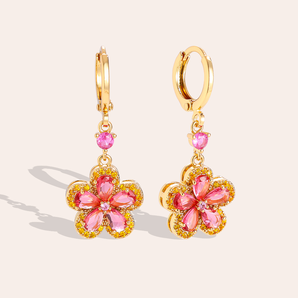3.5cm pink zirconia flower gold-plated earrings 