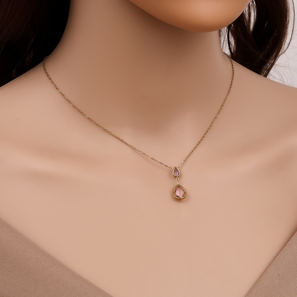 40cm Pink And Blue Diamond Stainless Steel Necklace  